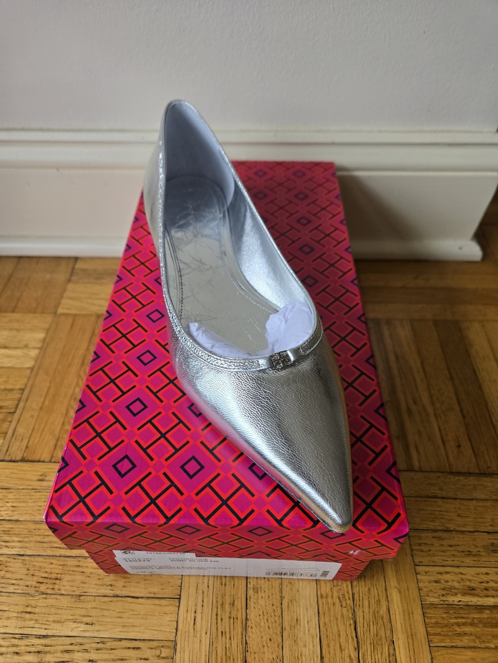 Brand New Tory Burch Silver Pointed Toe Ballet Flat